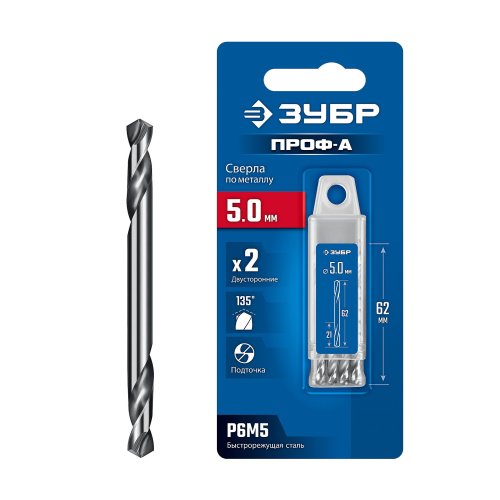 Сверло по металлу двухстороннее ЗУБР Проф-А, Р6М5, 5.0х62 мм (1 шт.)  картинка